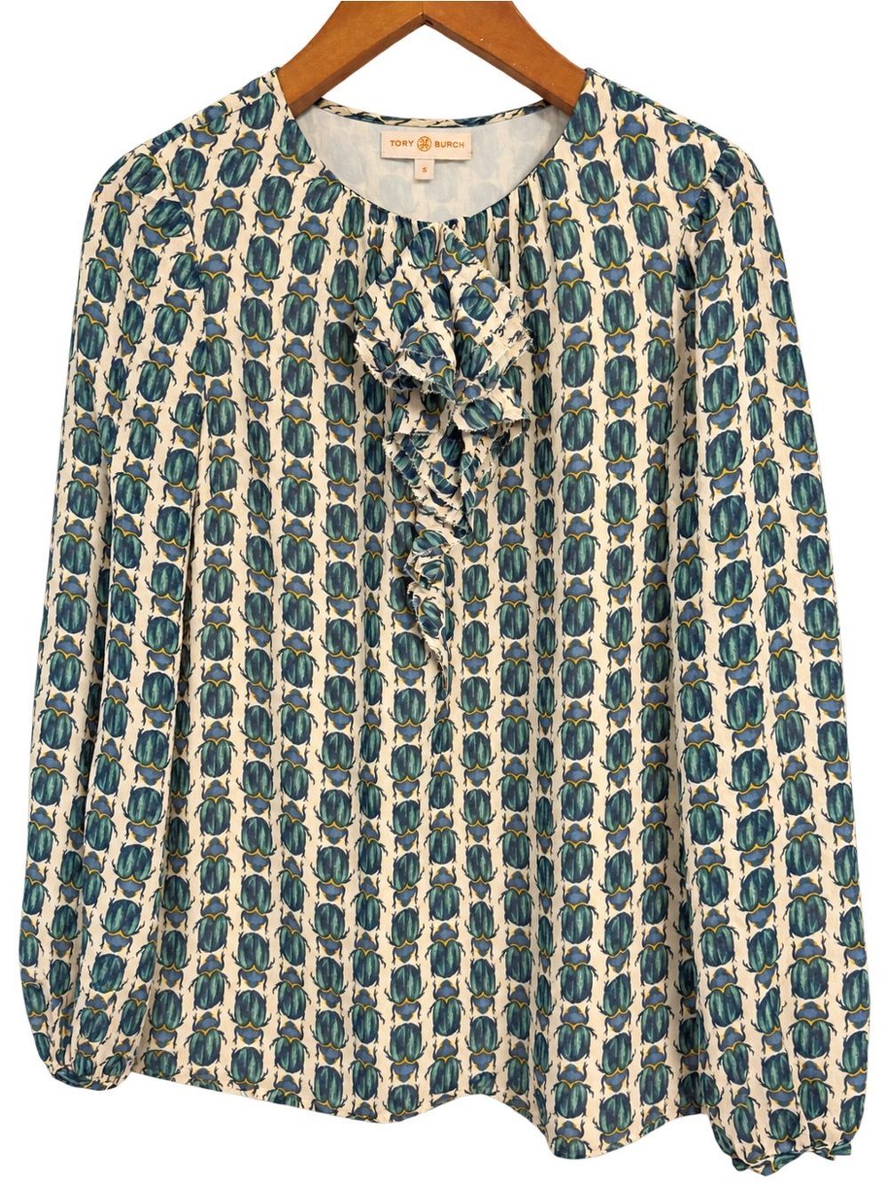Tory Burch Teal Beetle Print Ruffle Front Blouse - Teal/White